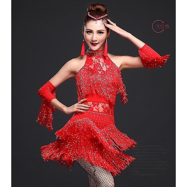 Nya latinska dansdräkter Dam Salsa Danskläder Dansdräkt Klänningar Ballroom Tävlingsklänningar Tango Vuxen Fringe Guld Paljett Red XL