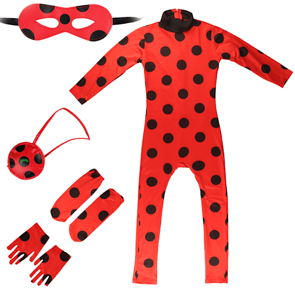 Halloween Ny Ladybug Jumpsuit Kostym Handskar Fotskydd Individuell Ögonmask Väska Peruk 5-delad Set 5-piece set + earrings XL (suitable for height 130-140cm)