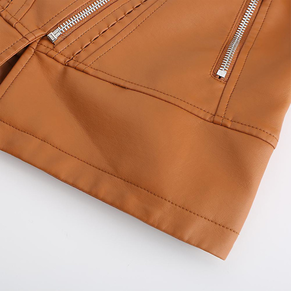 Yynuda Dam Slim Fit Enfärgad Dubbade Shoulder Zip Kort läderjacka Camel XS
