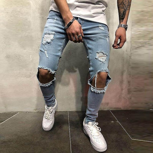 Män Jeansbyxor Skinny Ripped Jeans Byxor Stretch Jeans Blue XL