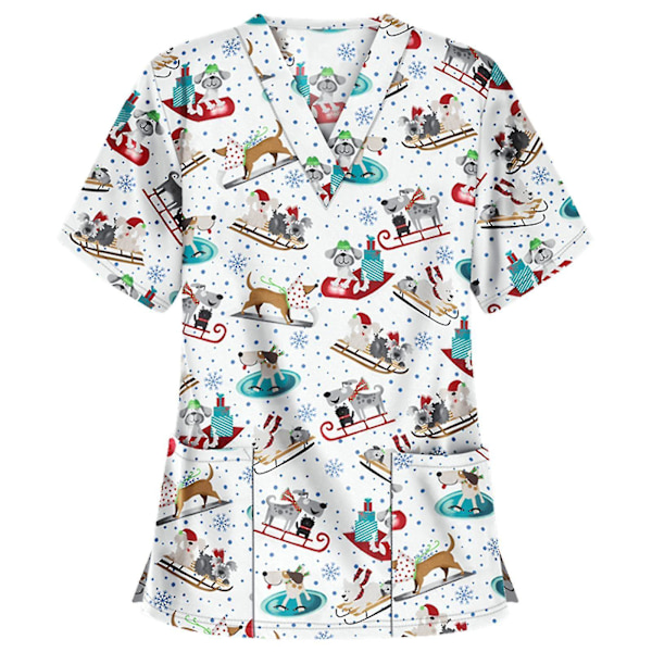 Jul sjuksköterska Uniform Kvinnor V-hals Print T-shirt Casual Kortärmad Pocket Toppar 2 M