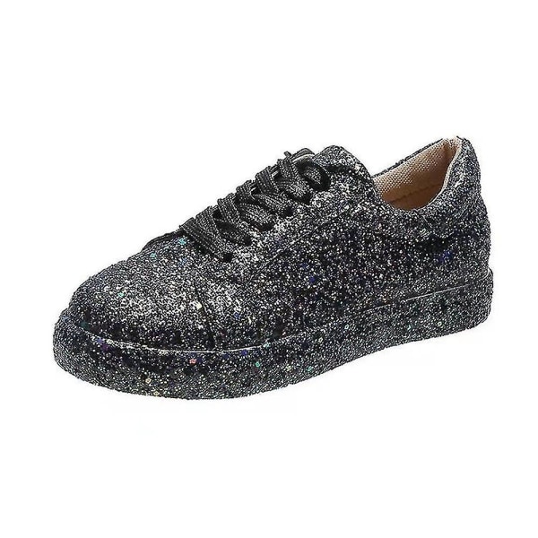 Kvinnor med snörning Glitter Sneakers Glitter Casual Jogging Sneakers Platta skor Black 42