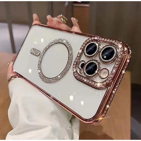 Magsafe Magnetic Luxury Plating Bling Rhinestones Diamond Sparkly Shockproof Case För Iphone 15 Pro Max 15 Ultra Pink