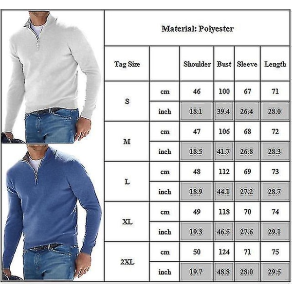 Män Zip Stand Neck Solid Toppar Casual Höst Vinter Fit Långärmad Pullover White S