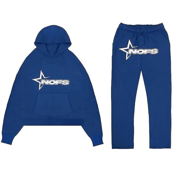 Nofs Streetwear träningsoveraller för män , Letters Printless Hoodies And Sweatpants Y2k Herr, Hip Hop Byxor Blue L