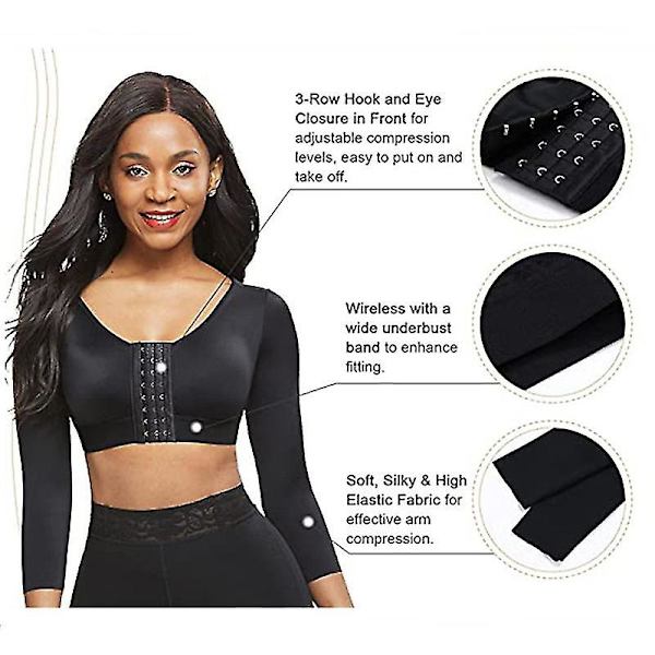 Mimigo Womens Shapewear 3/4-ärm Arm Shaper Frontstängning Kompressionsbehå Post Surgery Posture Corrector Linne BLACK L