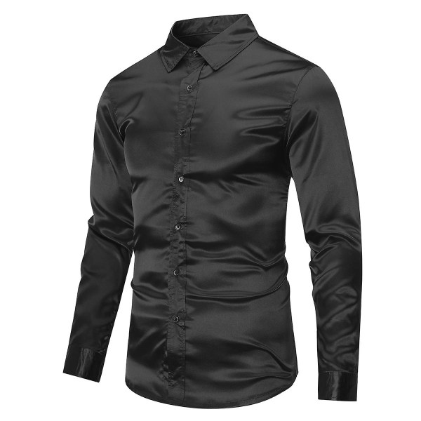 Sliktaa Casual Mode för män glänsande långärmad Slim-Fit formell skjorta Black S