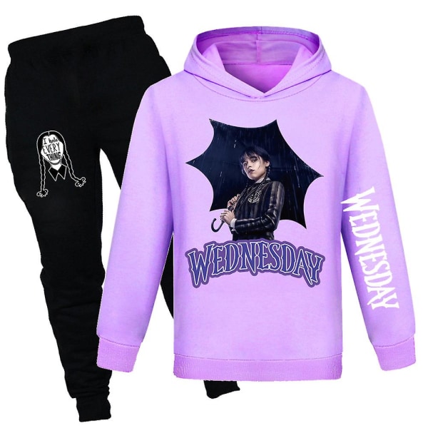 Onsdag Addams Print Barn Träningsoverall Set Hooded Sweatshirt Byxor Outfit Activewear 7-14 år Purple 9-10 Years