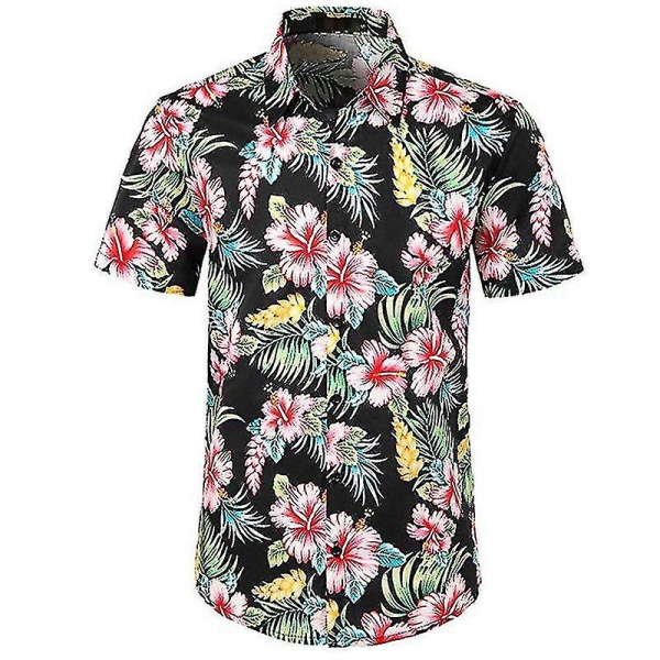 Män Hawaii Beach Shirt Holiday Aloha Summer Casual Kortärmad Button Up Shirts Toppar Black Floral S