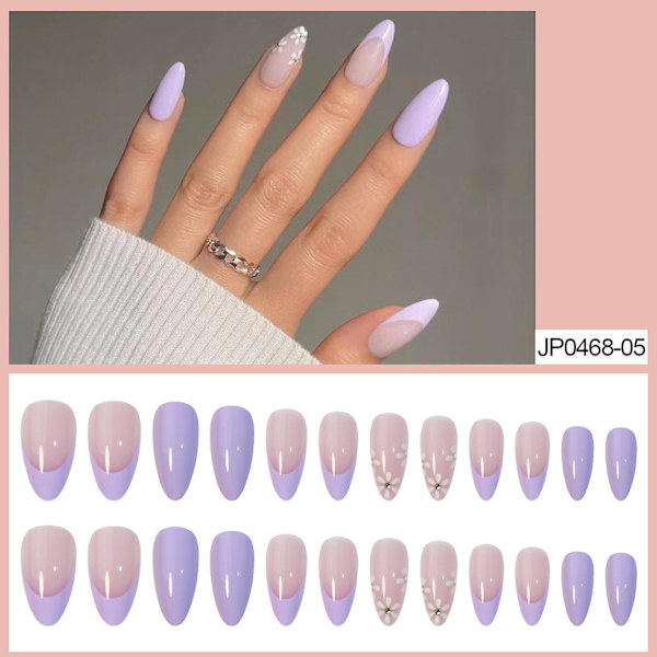 Ghyt 24 st Lila Mandel Lösnaglar Korta, Medium Press On Naglar Med Blomma Franska Design, Stick On Naglar För Kvinnor, Akryl Fake Nails null none