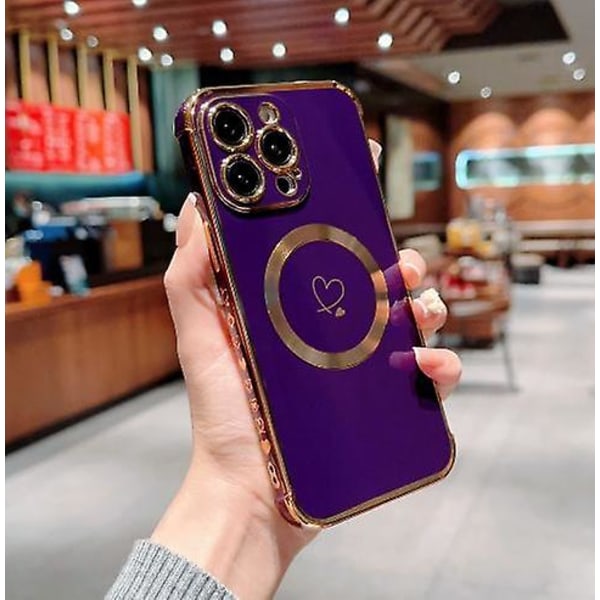 Magsafe Plating Cute Love Heart Mjukt case till Iphone 15 Pro Max med upphöjt helt kameralinsskydd Purple