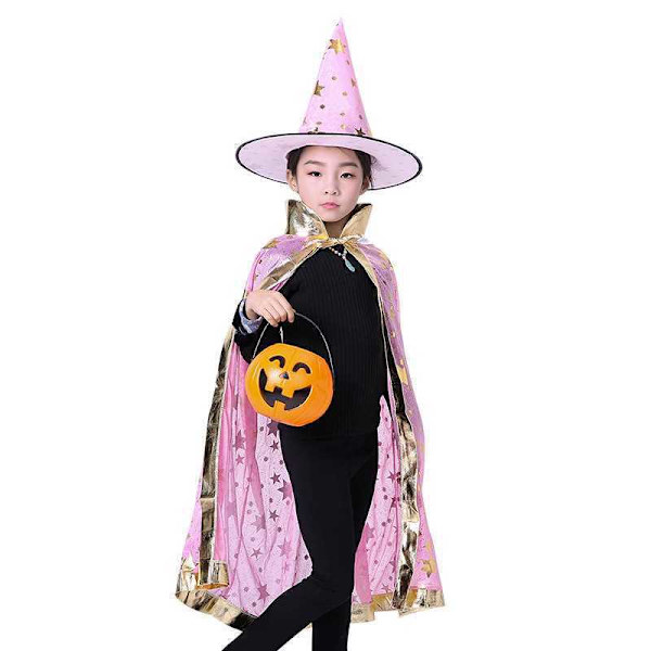 Halloween-mantel Barnkostym Liten Häxa Mage Cosplay Femstjärnig Mantel Hatt Set Pink XXS