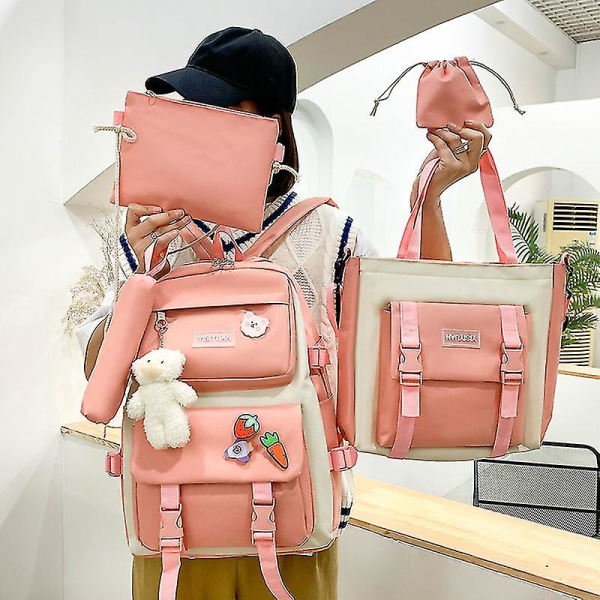Nya 4 st set Lila färg Barn skolryggsäck Kawaii dam ryggsäck Bokväska Skolväskor för tonåringar flickor Mochila Pink With-Accessories