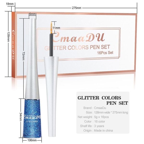 Cmaadu 16 förpackningar med färgglada glitter glitterpulver eyeliner paljett Flash eyeliner flytande null none