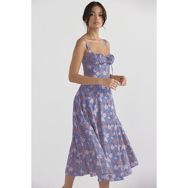 Blommönstrat print ärmlöst rynkad byst delat lår Boho midiklänning Carmen print bustier solklänning Navy Blue White Flowers Asia 2XL   EU XL