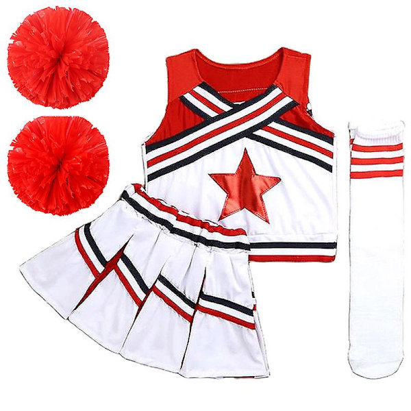 Pompoms Cheerleading Dräkt Dam Flickor Tävling Röd Cheerleaders Skollag Uniform Klass Dräkt För Barn Danskostymer XL 140CM 26-32KG Girl Cheerleader  A