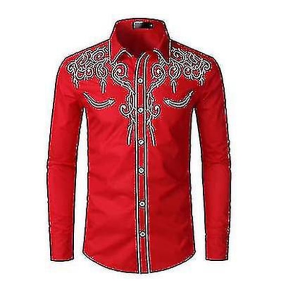 Western Cowboyskjorta för män Broderad långärmad Casual Slim Fit Button Down-skjorta red L