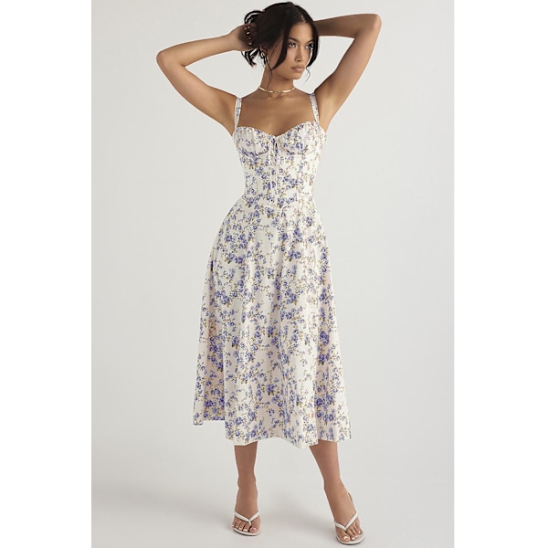 Blommönstrat print ärmlöst rynkad byst delat lår Boho midiklänning Carmen print bustier solklänning Blue Flower Asia XL   EU L