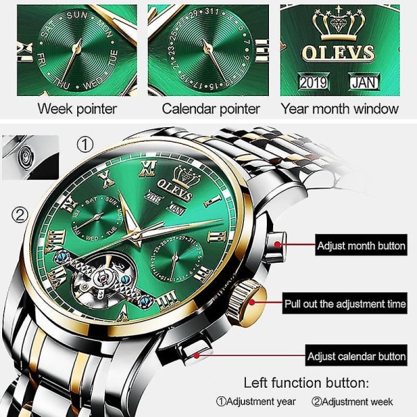 Olevs 6607 multifunktions vattentät mekanisk watch Silver Gold Green