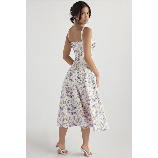 Blommönstrat print ärmlöst rynkad byst delat lår Boho midiklänning Carmen print bustier solklänning Blue Flower Asia 2XL   EU XL