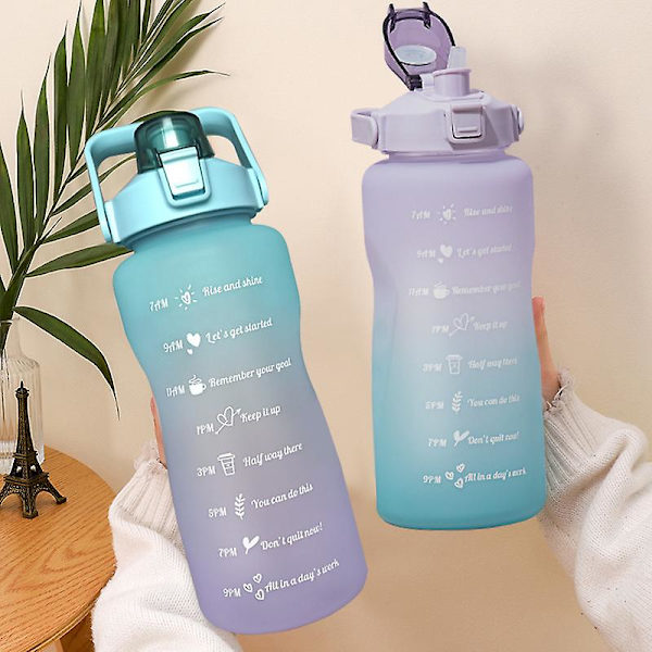 2l Vattenflaska med stor kapacitet Halmkopp Gradient Färg Plast Vattenkoppar med tidsmarkör Utomhus Fitness Sportflaska Green 2L