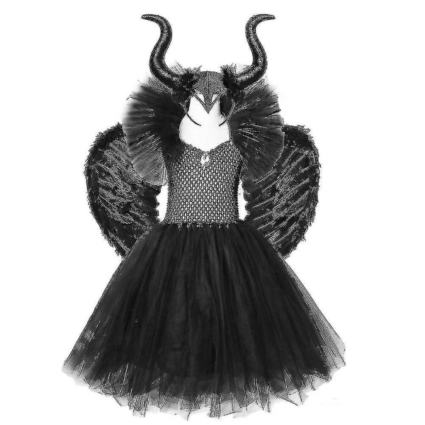 Halloween Kostymer Barn Flickor Svart Klänning Ankellängd Klänningar Devil Kostym Cosplay Outfits Horns Wings Dress horn wings 11y