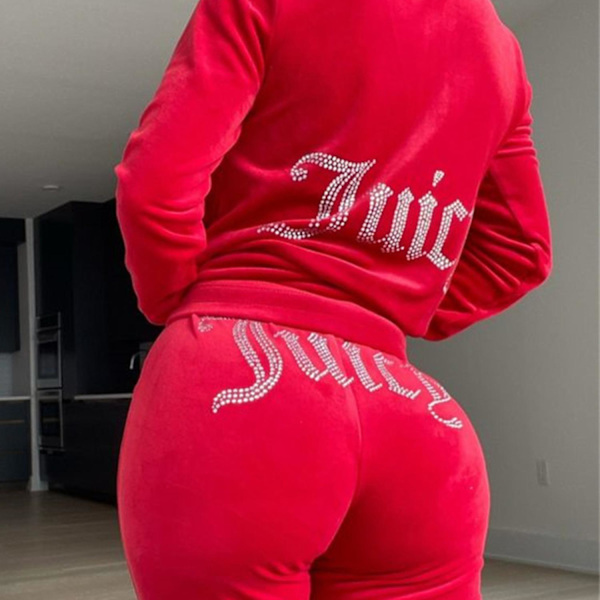 Sammetshuvtröjor Träningsoverall Dam Velour Dragkedja Sweatshirt Byxor Set Sportkläder Vår Höst Kvinnlig Crop Top Sportoverall med diamanter Y2k S Red