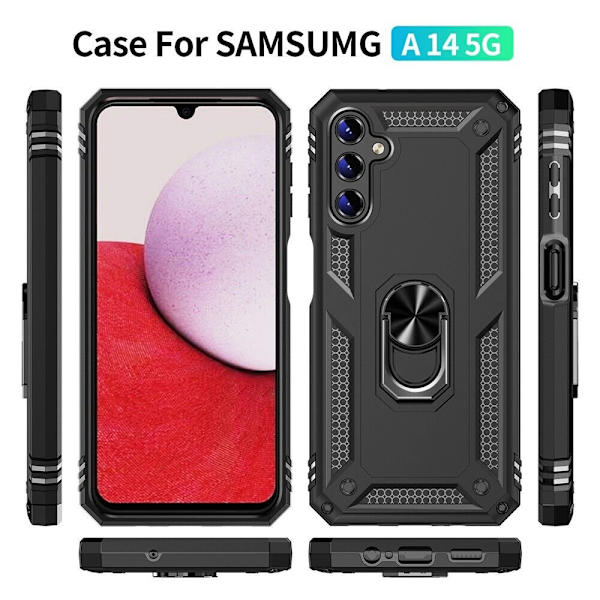 Xhy Samsung Galaxy A14 5G- case med skärm- och linsskydd och magnetiskt ringfäste Kickstand Military Grade helkropp dubbellager Durabl black