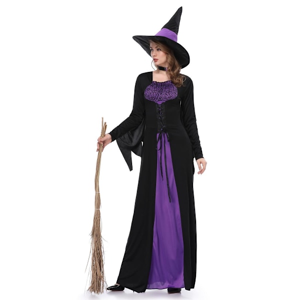 Ny Halloween häxkostym vuxen rollspel lila häxa lång klänning cosplay performance kostym 9026# hat, neck ring, dress XL