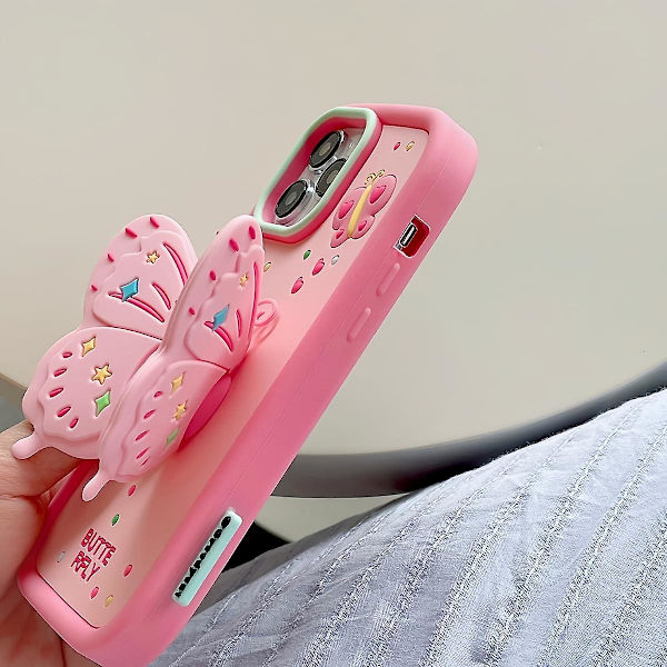 3d Butterfly Cute Cartoon Bracket Rosa Barbie Mjukt Case För Iphone 15 Pro Max/15 Pro/15 Plus/15 Julklapp till Kvinnor Flickor Pink iPhone 15 Plus