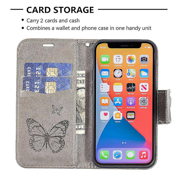 Imprint Butterfly Magnetisk stängning Läderställ Plånbok Case Fodral med rem för Iphone 13 Mini 5,4 tum - lila Grey
