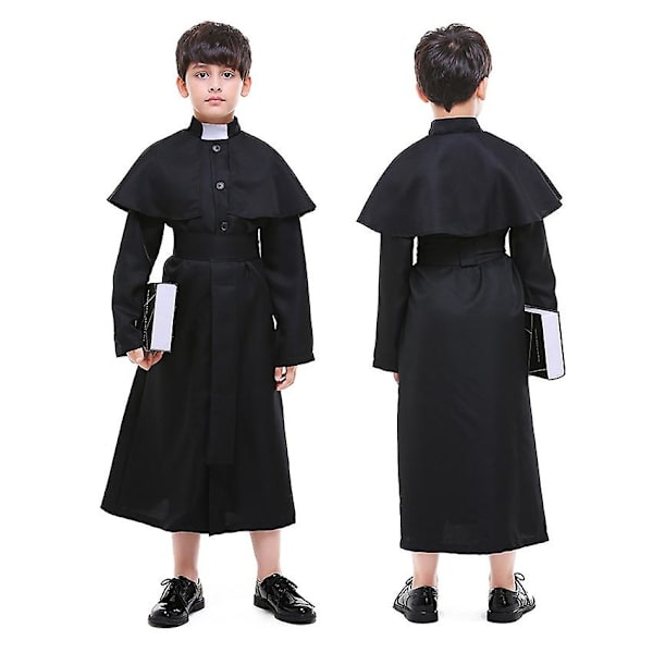 Svarta präster Cassock katolsk romersk dräkt Cape Soutane Halloween kostym för barn Påve Missionär uniform medeltida präster set S (for 110-120cm)