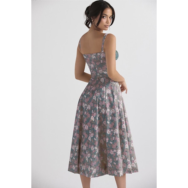 Blommönstrat print ärmlöst rynkad byst delat lår Boho midiklänning Carmen print bustier solklänning Blue White Flower Asia L  EU M