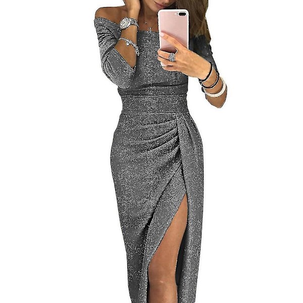 Plus Size Kvinnor Off The Shoulder Sexiga Elegant Slit Klänning Afton Festklänningar 2XL Grey