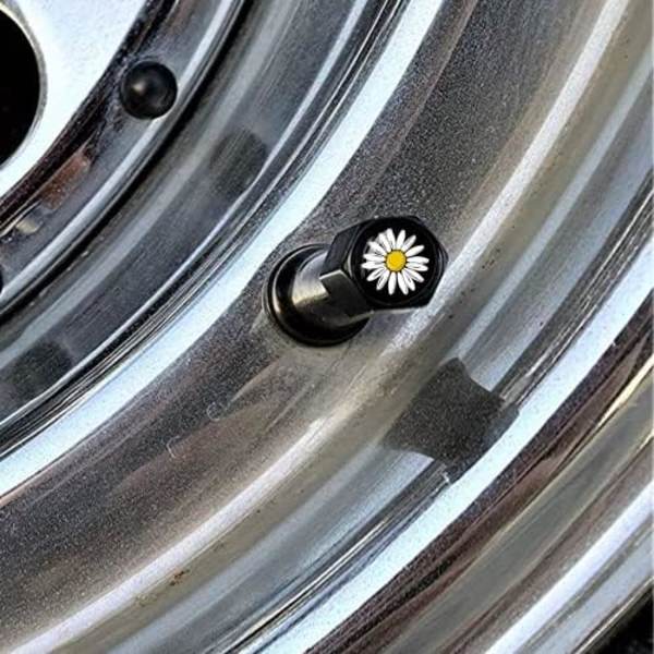Metallkåpor för bilhjulsdäck, ventilstammar, Daisy Pattern, aluminium, bildäck, luftventilkåpor, Universal för bilar, SUV, lastbilar, cyklar, motorc Universal Daisy