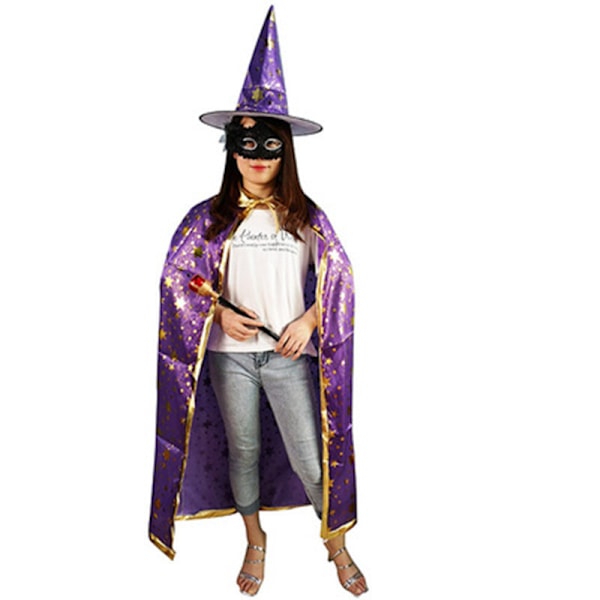 Halloween-cape för barn och vuxna, bal-klänning med femuddig stjärna, cape-hatt-set, cosplay-rekvisita 120cm purple All yards