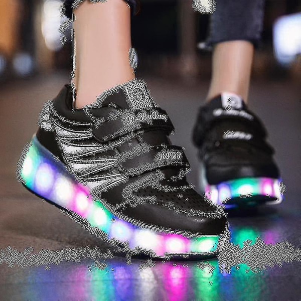 2022 Nya Led Light Up Roller Shoes Double Wheel USB Uppladdningsbara skridskoskor Black 28