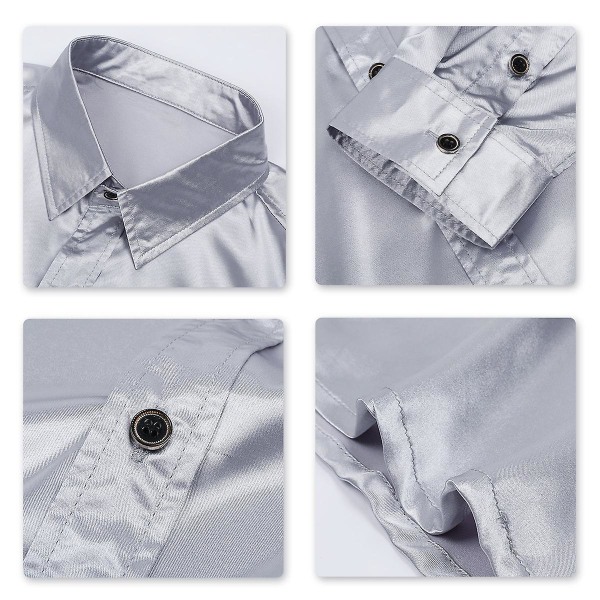 Sliktaa Casual Mode för män glänsande långärmad Slim-Fit formell skjorta Gray S