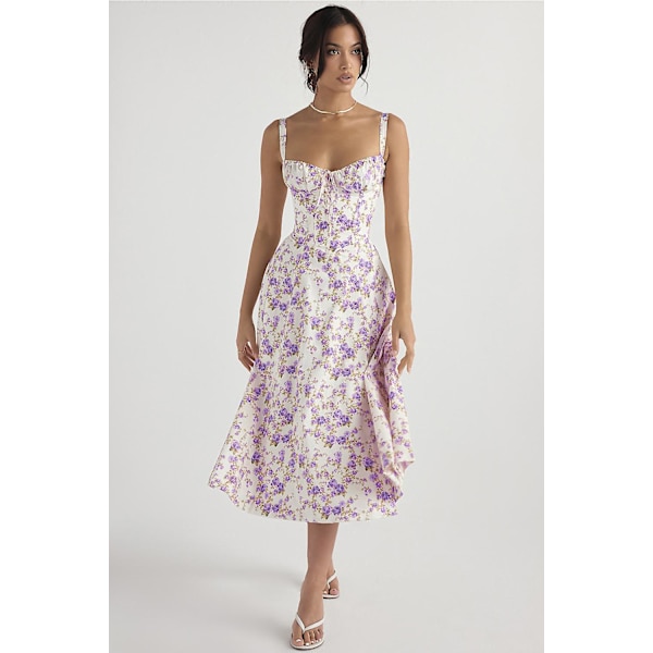 Blommönstrat print ärmlöst rynkad byst delat lår Boho midiklänning Carmen print bustier solklänning Purple Flower Asia 2XL   EU XL