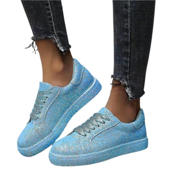 Kvinnor med snörning Glitter Sneakers Glitter Casual Jogging Sneakers Platta skor Lake Blue 35
