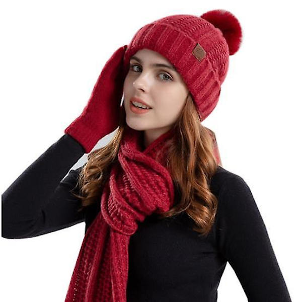 Kvinnors höst och vinter Enfärgad Tjock Stickad Mössa Handskar Halsduk Tredelad Enfärgad Utomhus Kall och Varm hörselskydd Mössa Kvinnor Dark red One Size