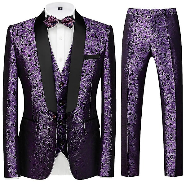 Schan Herr 3-delade kostymer Sjal Lapel Enknapps Smoking Blazer Västbyxor Set För Bröllop Purple S