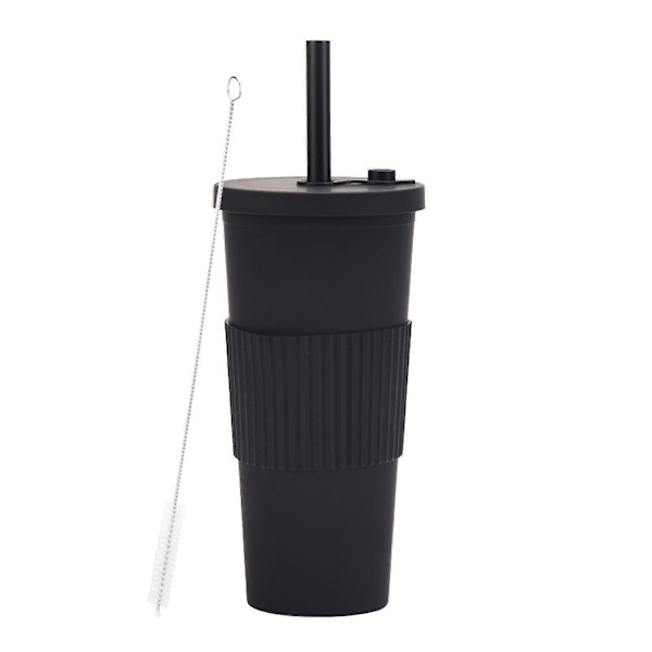700ml Stor kapacitet dubbellagers plastkopp Halmmjölk Tekopp Bärbar utomhushalmkopp black