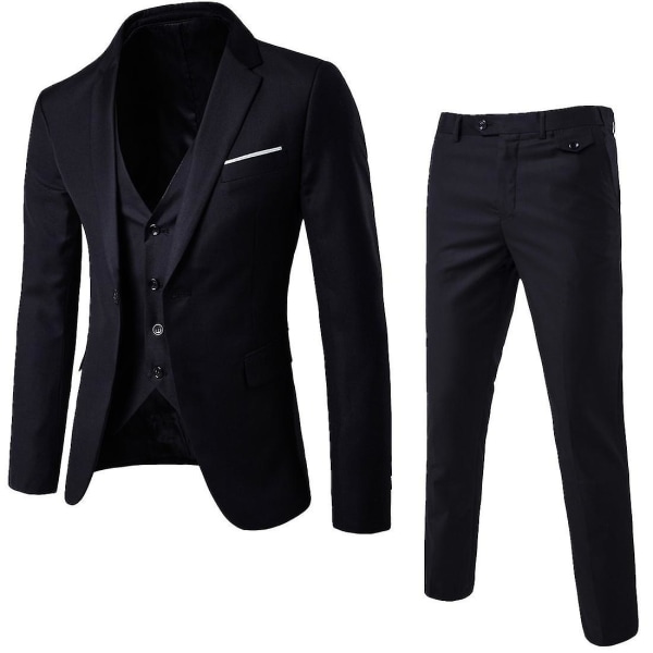 Herr 3-delad Slim Fit Kostym Set Enknapps Solid Jacka Väst Byxor Business Set-yky Black XL