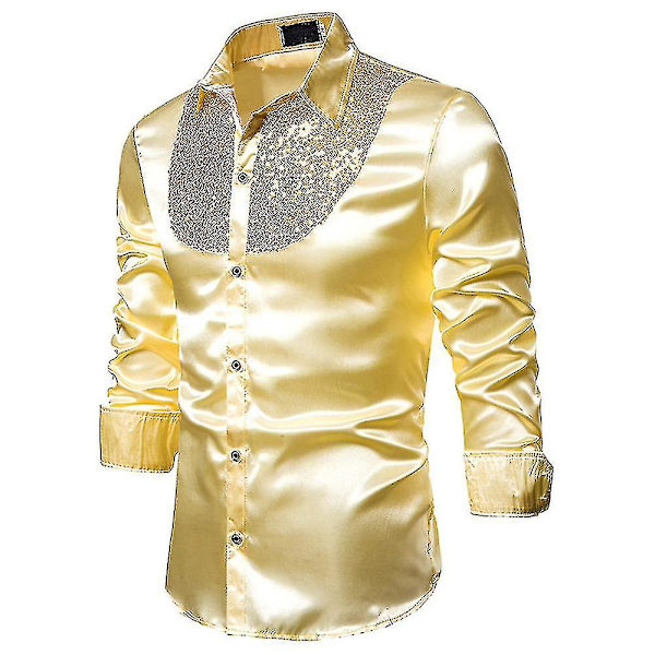 Herr paljetter Glitter Slim Fit Button-down skjortor Party Långärmad Klänning Skjorta Toppar Golden M