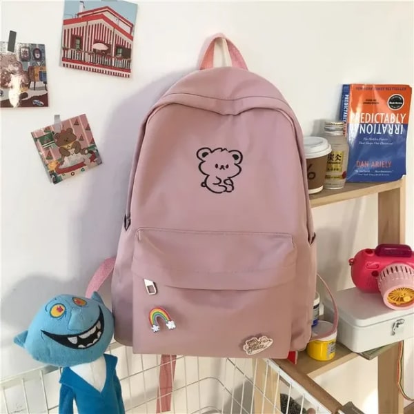 Skolväskor för flickor för tonåringar Söt tecknad vit nylon studentryggsäck för kvinnor Pink