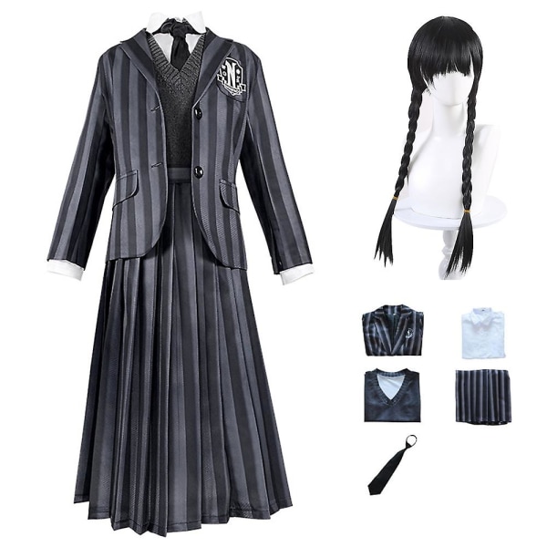 Onsdag Addams Deluxe set Nevermore Academy School Uniform Outfit Peruker Dam Cosplay Party Fancy Dress Up 3XL with Wig