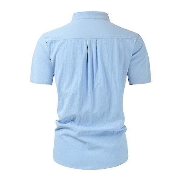 Ståkrage för män Button Down-skjortor Kortärmad bomull Linnelook Strand Casual Snygg sommarskjorta Toppar Light Blue XL