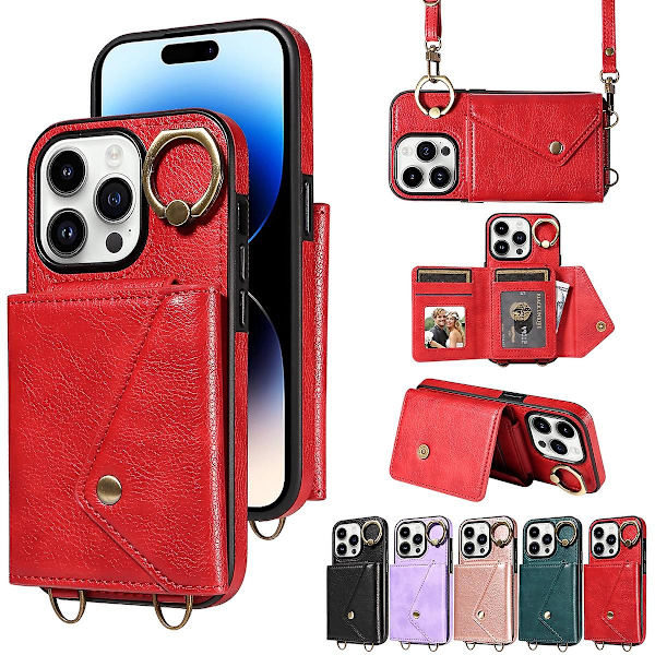 Case kompatibelt med Iphone 15 Pro Max, Pu-läder stötsäkert cover med korsband, ringhållare och korthållare Red For iPhone 15 Pro Max