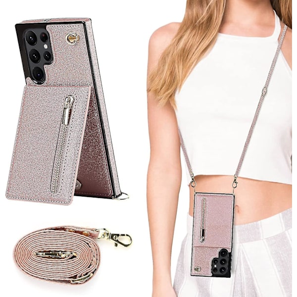 Case i läder för Samsung Galaxy S23 Ultra/ S23+/ S23 med halsrem & stativ & dragkedja Rose gold for S23 Ultra